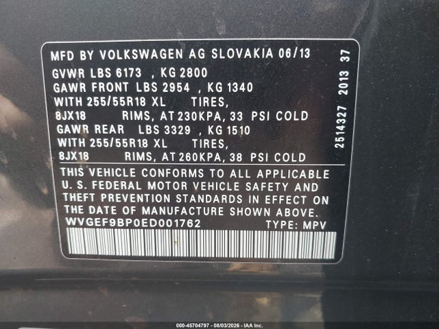 Продаж на аукціоні авто 2014 Volkswagen Touareg 3.6l Sport, vin: WVGEF9BP0ED001762, номер лоту: 45704797