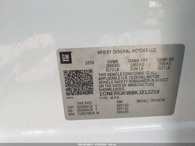 Продажа на аукционе авто 2019 Chevrolet Traverse 1lt, vin: 1GNERGKW8KJ212218, номер лота: 45704812