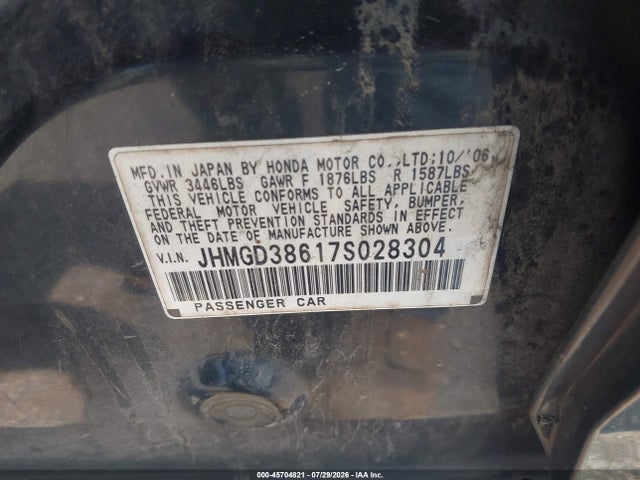 45704821 :رقم المزاد ، JHMGD38617S028304 vin ، 2007 Honda Fit Sport مزاد بيع