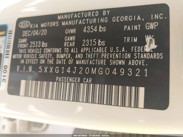 Aukcja sprzedaży 2021 Kia K5 Lxs, vin: 5XXG14J20MG049321, numer aukcji: 45704828