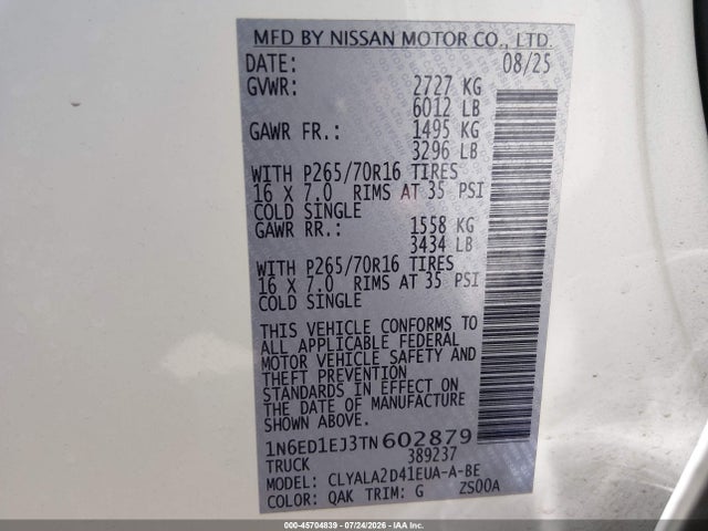 2026 Nissan Frontier S 4x4 მანქანა იყიდება აუქციონზე, vin: 1N6ED1EJ3TN602879, აუქციონის ნომერი: 45704839