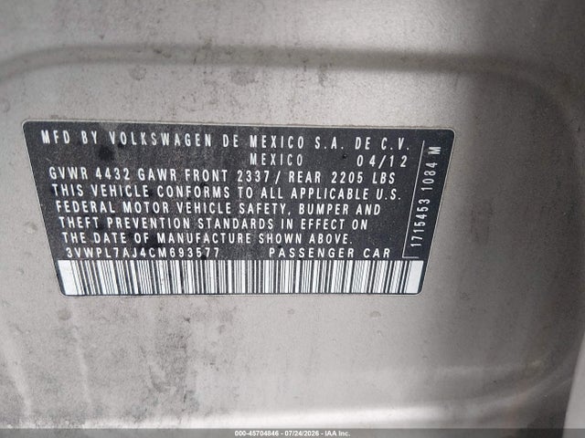 2012 Volkswagen Jetta Sportwagen 2.0l Tdi მანქანა იყიდება აუქციონზე, vin: 3VWPL7AJ4CM693577, აუქციონის ნომერი: 45704846