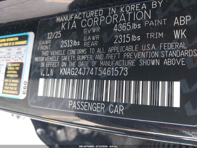 Продаж на аукціоні авто 2026 Kia K5 Lxs Fwd, vin: KNAG24J74T5461573, номер лоту: 45704868