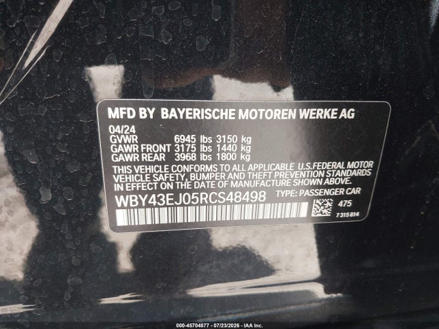 45704877 :رقم المزاد ، WBY43EJ05RCS48498 vin ، 2024 Bmw I7 Edrive50 مزاد بيع