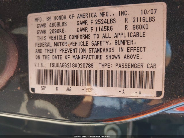2008 Acura Tl 3.2 მანქანა იყიდება აუქციონზე, vin: 19UUA66218A020789, აუქციონის ნომერი: 45704881