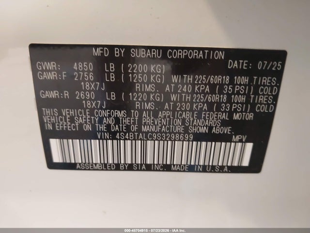 Aukcja sprzedaży 2025 Subaru Outback Onyx Edition, vin: 4S4BTALC9S3298699, numer aukcji: 45704915