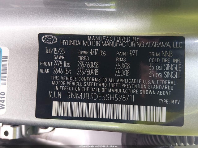 Продаж на аукціоні авто 2025 Hyundai Tucson Sel, vin: 5NMJB3DE5SH598711, номер лоту: 45704924