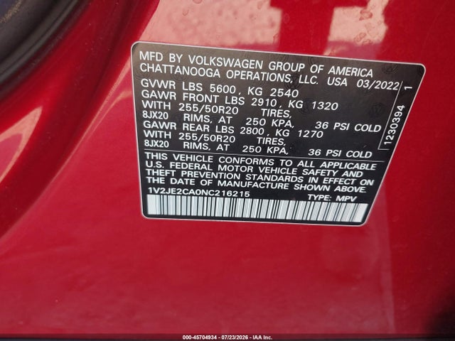 2022 Volkswagen Atlas Cross Sport 3.6l V6 Se W/technology მანქანა იყიდება აუქციონზე, vin: 1V2JE2CA0NC216215, აუქციონის ნომერი: 45704934