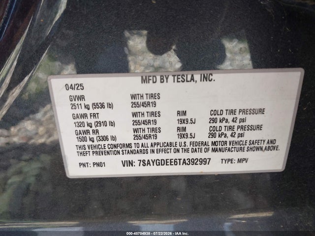2026 Tesla Model Y All-wheel Drive/long Range Launch Series/premium All-wheel Drive მანქანა იყიდება აუქციონზე, vin: 7SAYGDEE6TA392997, აუქციონის ნომერი: 45704938