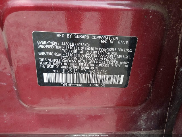 2018 Subaru Forester 2.5i Limited მანქანა იყიდება აუქციონზე, vin: JF2SJAJC2JH609714, აუქციონის ნომერი: 45704943