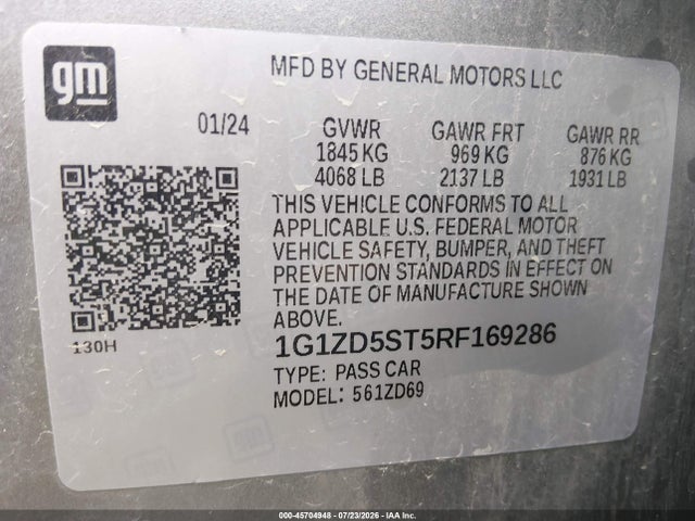 45704948 :رقم المزاد ، 1G1ZD5ST5RF169286 vin ، 2024 Chevrolet Malibu Fwd 1lt مزاد بيع