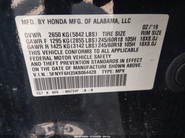45704954 :رقم المزاد ، 5FNYF6H35KB064428 vin ، 2019 Honda Pilot Ex مزاد بيع