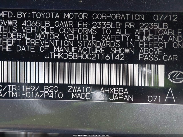 Aukcja sprzedaży 2012 Lexus Ct 200h Premium, vin: JTHKD5BH0C2116142, numer aukcji: 45704957