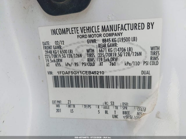45704975 :رقم المزاد ، 1FDAF5GY1CEB45210 vin ، 2012 Ford F-550 Chassis Xl مزاد بيع