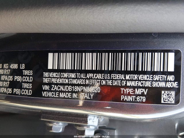 Aukcja sprzedaży 2022 Jeep Renegade Latitude 4x4, vin: ZACNJDB18NPN81620, numer aukcji: 45704977