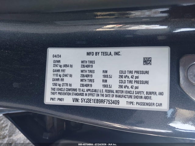 5YJ3E1EB9RF753409 Tesla Model 3 Long Range Dual Motor All-wheel Drive