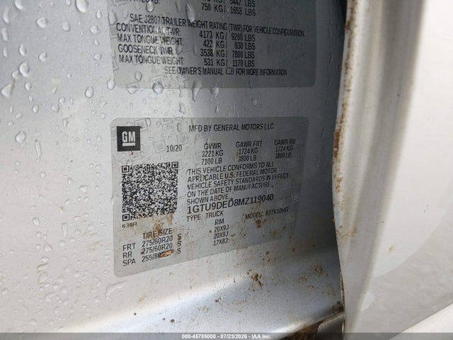 Aukcja sprzedaży 2021 Gmc Sierra 1500, vin: 1GTU9DED8MZ119040, numer aukcji: 45705000