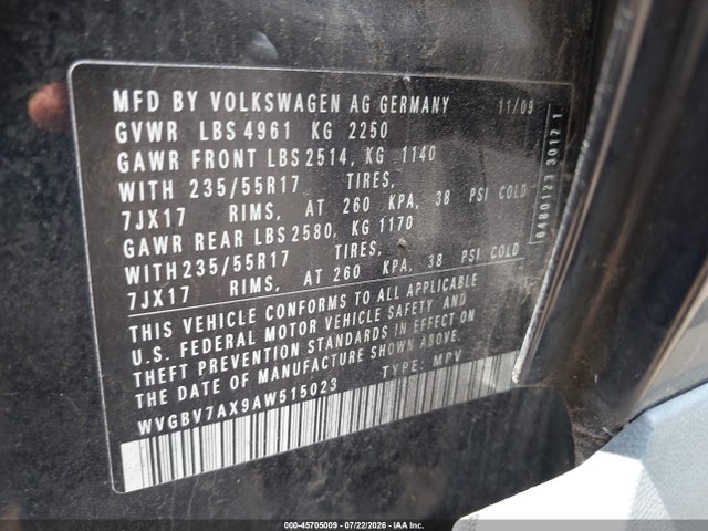 2010 Volkswagen Tiguan Wolfsburg Edition მანქანა იყიდება აუქციონზე, vin: WVGBV7AX9AW515023, აუქციონის ნომერი: 45705009