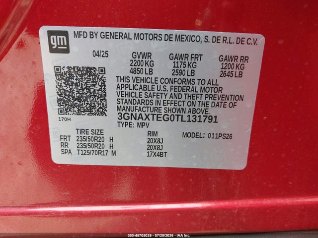 Продажа на аукционе авто 2026 Chevrolet Equinox Awd Rs, vin: 3GNAXTEG0TL131791, номер лота: 45705025