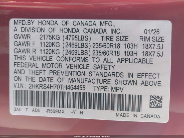 2HKRS4H70TH464455 Honda Cr-v Ex-l Awd