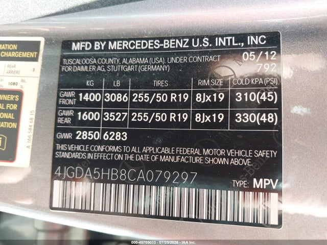 Aukcja sprzedaży 2012 Mercedes-benz Ml 350 4matic, vin: 4JGDA5HB8CA079297, numer aukcji: 45705033