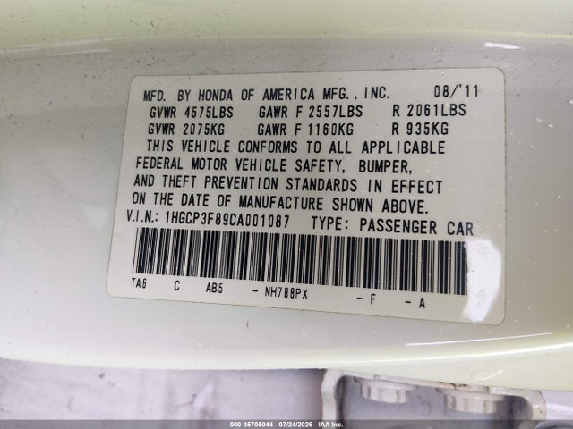 Продаж на аукціоні авто 2012 Honda Accord 3.5 Ex-l, vin: 1HGCP3F89CA001087, номер лоту: 45705044