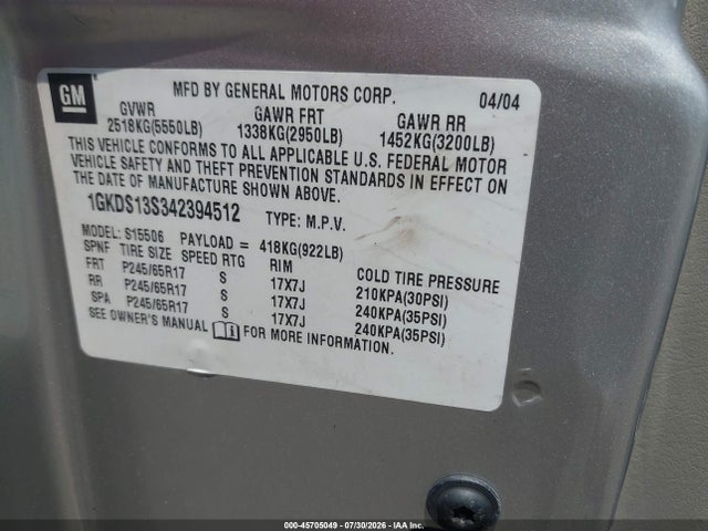 Auction sale of the 2004 Gmc Envoy Slt, vin: 1GKDS13S342394512, lot number: 45705049