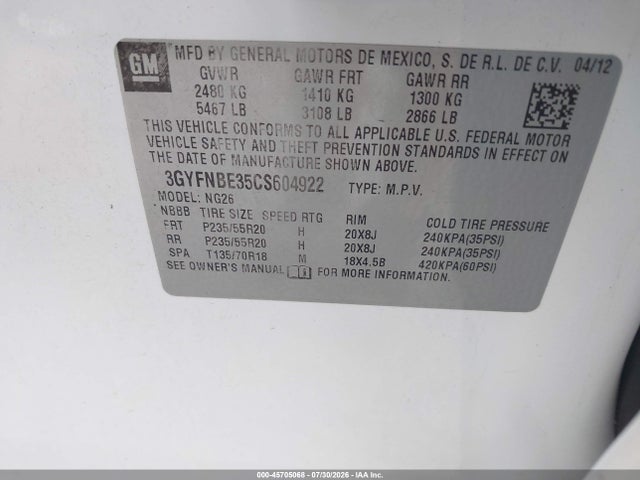 2012 Cadillac Srx Performance Collection მანქანა იყიდება აუქციონზე, vin: 3GYFNBE35CS604922, აუქციონის ნომერი: 45705068