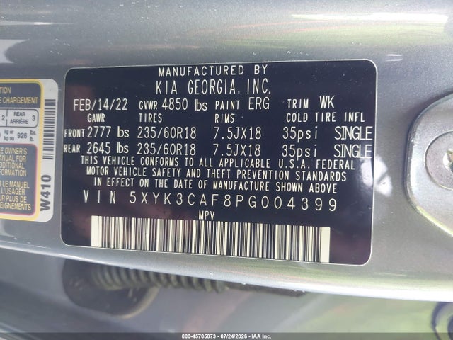 45705073 :رقم المزاد ، 5XYK3CAF8PG004399 vin ، 2023 Kia Sportage Ex مزاد بيع