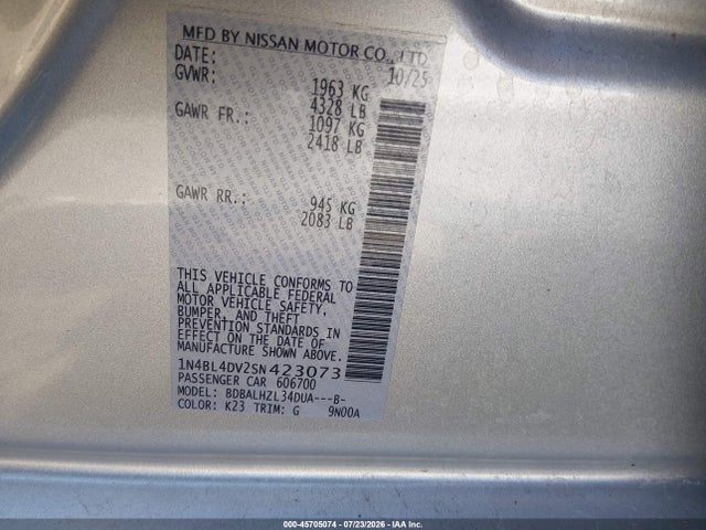 1N4BL4DV2SN423073 Nissan Altima Sv Fwd