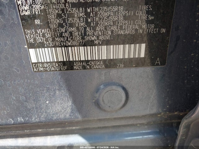45705086 :رقم المزاد ، 2T3DFREV4DW086777 vin ، 2013 Toyota Rav4 Limited مزاد بيع