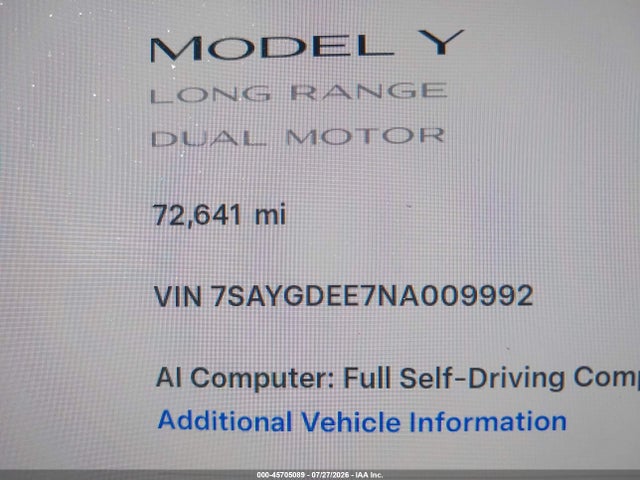 Продаж на аукціоні авто 2022 Tesla Model Y Long Range Dual Motor All-wheel Drive, vin: 7SAYGDEE7NA009992, номер лоту: 45705089