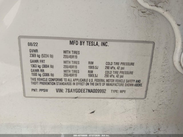 Продаж на аукціоні авто 2022 Tesla Model Y Long Range Dual Motor All-wheel Drive, vin: 7SAYGDEE7NA009992, номер лоту: 45705089
