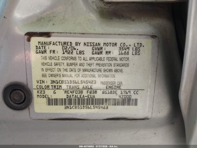 Продажа на аукционе авто 2006 Nissan Sentra 1.8s, vin: 3N1CB51D56L545423, номер лота: 45705092