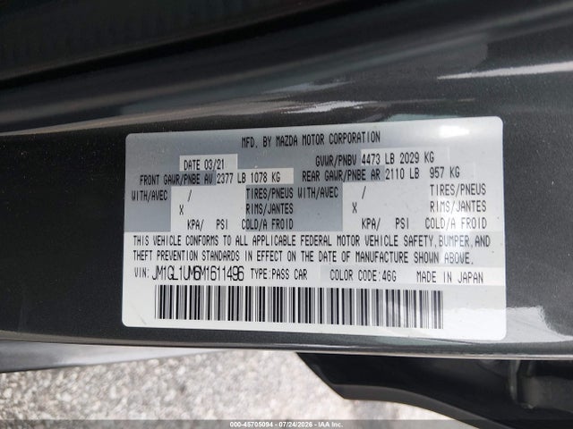 Aukcja sprzedaży 2021 Mazda Mazda6 Sport, vin: JM1GL1UM6M1611496, numer aukcji: 45705094