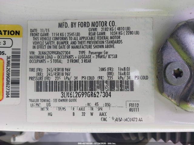 Aukcja sprzedaży 2016 Lincoln Mkz, vin: 3LN6L2G99GR627304, numer aukcji: 45705100