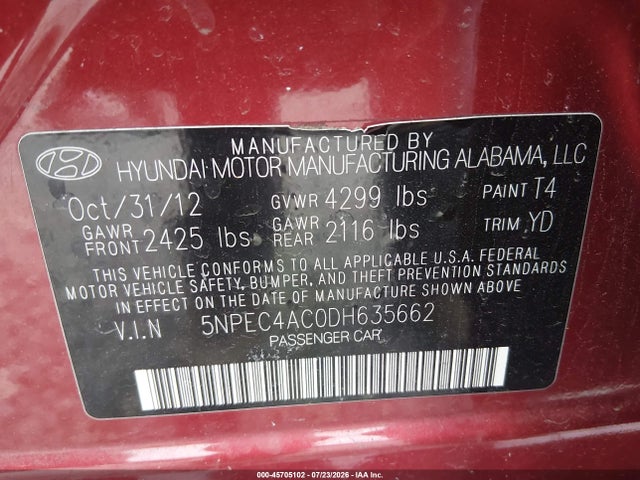 45705102 :رقم المزاد ، 5NPEC4AC0DH635662 vin ، 2013 Hyundai Sonata Limited مزاد بيع