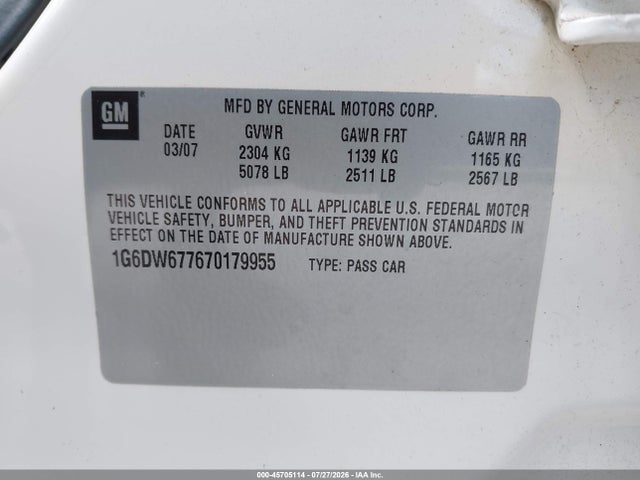45705114 :رقم المزاد ، 1G6DW677670179955 vin ، 2007 Cadillac Sts V6 مزاد بيع