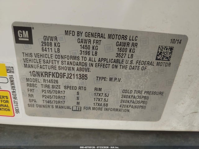 1GNKRFKD9FJ211385 Chevrolet Traverse Ls
