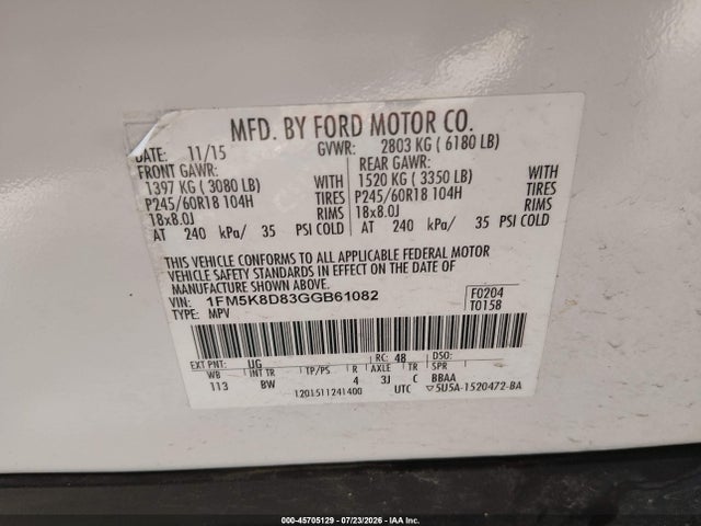 2016 Ford Explorer Xlt მანქანა იყიდება აუქციონზე, vin: 1FM5K8D83GGB61082, აუქციონის ნომერი: 45705129