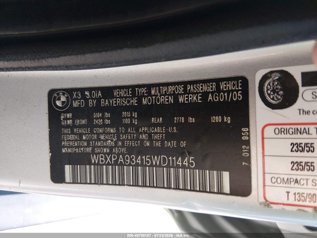 45705157 :رقم المزاد ، WBXPA93415WD11445 vin ، 2005 Bmw X3 3.0i مزاد بيع