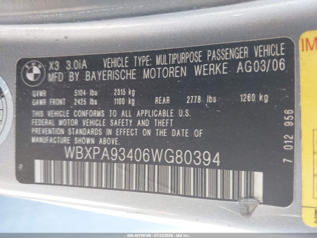 2006 Bmw X3 3.0i მანქანა იყიდება აუქციონზე, vin: WBXPA93406WG80394, აუქციონის ნომერი: 45705166