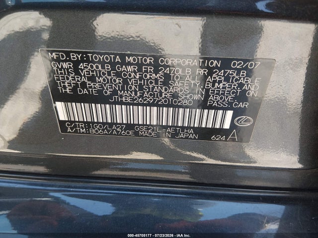 45705177 :رقم المزاد ، JTHBE262972010280 vin ، 2007 Lexus Is 350 مزاد بيع