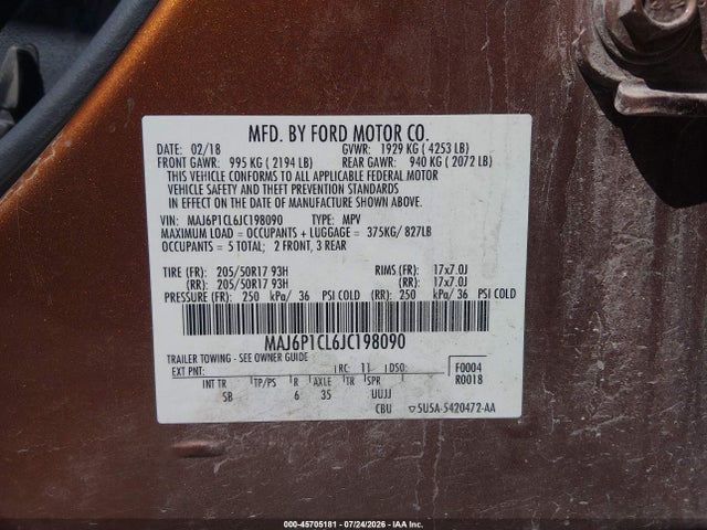 2018 Ford Ecosport Ses მანქანა იყიდება აუქციონზე, vin: MAJ6P1CL6JC198090, აუქციონის ნომერი: 45705181