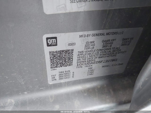 Aukcja sprzedaży 2023 Chevrolet Silverado 1500 4wd  Short Bed Wt, vin: 1GCUDAED5PZ227861, numer aukcji: 45705195