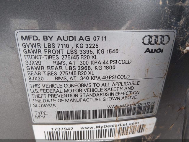 Продажа на аукционе авто 2012 Audi Q7 3.0 Tdi Premium, vin: WA1LMAFE9CD001732, номер лота: 45705197