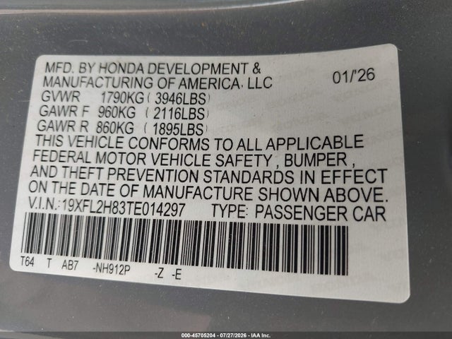 2026 Honda Civic Sport მანქანა იყიდება აუქციონზე, vin: 19XFL2H83TE014297, აუქციონის ნომერი: 45705204