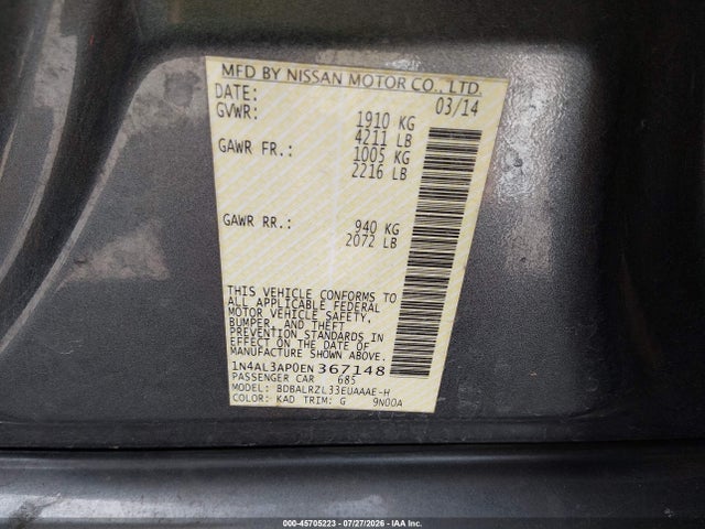 Продаж на аукціоні авто 2014 Nissan Altima 2.5 S, vin: 1N4AL3AP0EN367148, номер лоту: 45705223