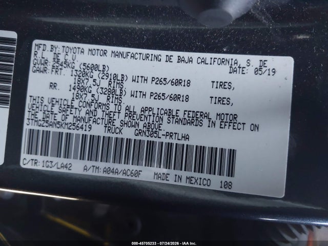 Aukcja sprzedaży 2019 Toyota Tacoma Limited, vin: 3TMGZ5AN5KM256419, numer aukcji: 45705233
