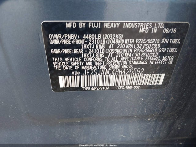2017 Subaru Forester 2.5i Touring მანქანა იყიდება აუქციონზე, vin: JF2SJAWC4HH426592, აუქციონის ნომერი: 45705235